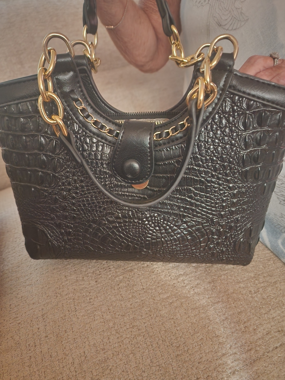Black Croc-Embossed Tote with Gold Chain Detail